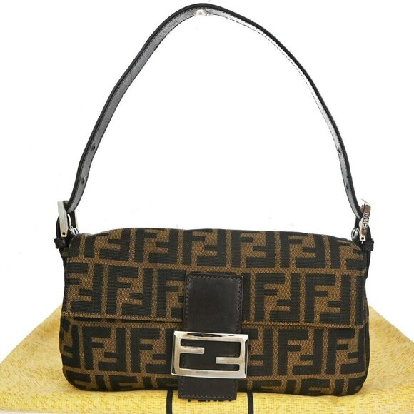 FENDI Logo Mamma Zucca Pattern Shoulder Bag Canvas Leather Brown Italy 662RH389 - Picture 1 of 16